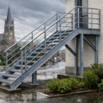 un escalier extérieur en métal résistant aux intempéries dans un paysage urbain des Hauts-de-France
