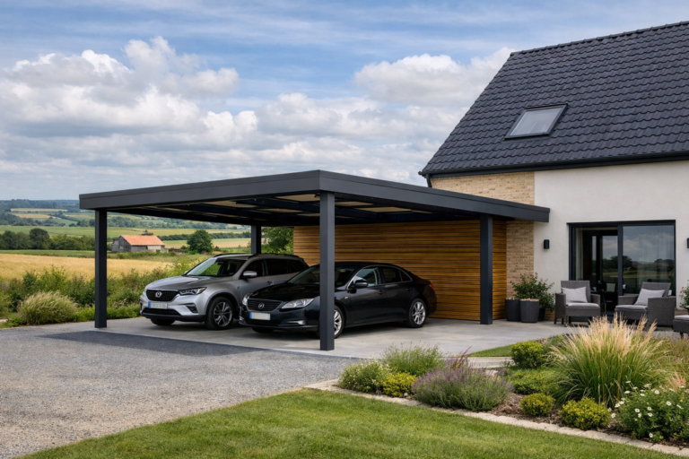 un carport élégant et moderne attenant à une maison, situé dans un décor de campagne des Hauts-de-France, sous un ciel légèrement nuageux
