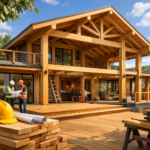 créer une image d'un projet de construction utilisant du bois d'hévéa dans un cadre résidentiel moderne.