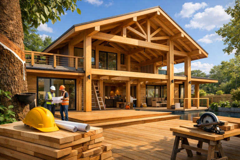 créer une image d'un projet de construction utilisant du bois d'hévéa dans un cadre résidentiel moderne.