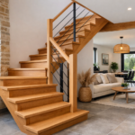 Une image d'un escalier en bois de hêtre, élégant et moderne, dans une maison des Hauts-de-France.