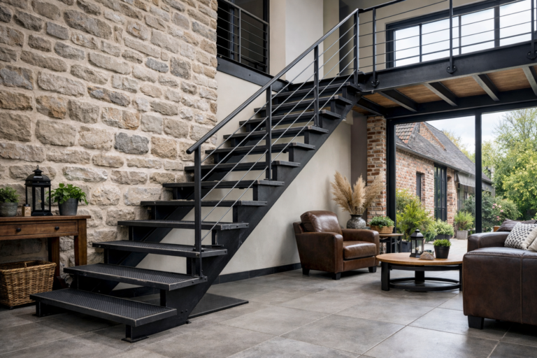 un escalier moderne en métal dans une maison des Hauts-de-France, mettant en valeur le fer, la ferraille ou l'aluminium