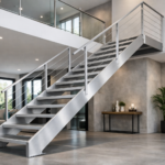 A modern aluminum staircase in a contemporary house setting, highlighting its sleek design and structural elegance.