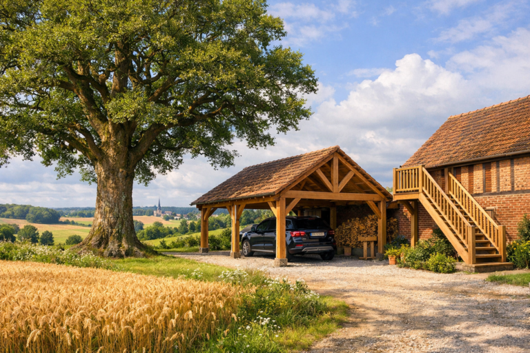 un chêne majestueux dans un paysage typique des Hauts-de-France, avec un carport et un escalier en arrière-plan