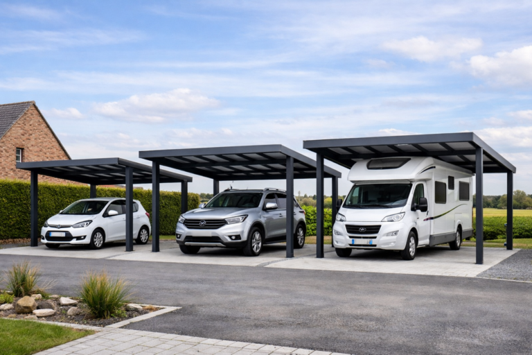 un carport moderne adapté aux différentes tailles de véhicule, avec des matériaux résistant aux intempéries, installé en Hauts-de-France