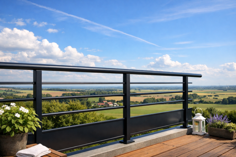 une image d'un garde-corps en acier thermolaqué magnifiquement entretenu, avec un fond de ciel des Hauts-de-France