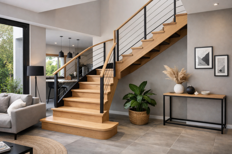une image d'un escalier quart tournant moderne et élégant dans une maison contemporaine en Hauts-de-France