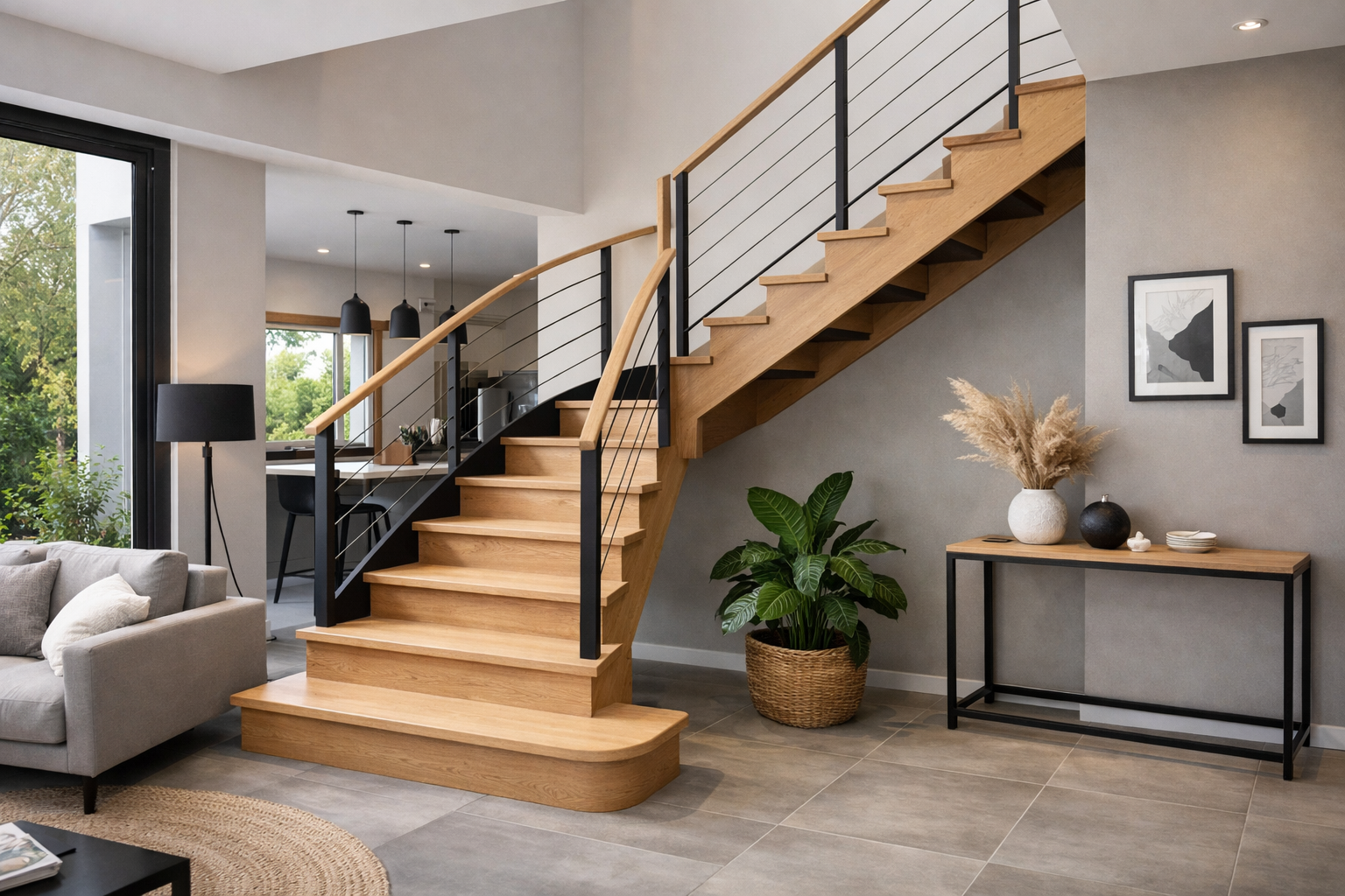 une image d'un escalier quart tournant moderne et élégant dans une maison contemporaine en Hauts-de-France
