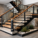 generate an image of a modern staircase with a beautifully designed handrail, incorporating minimalist and mixed material elements, set in a stylish, open-space home interior.