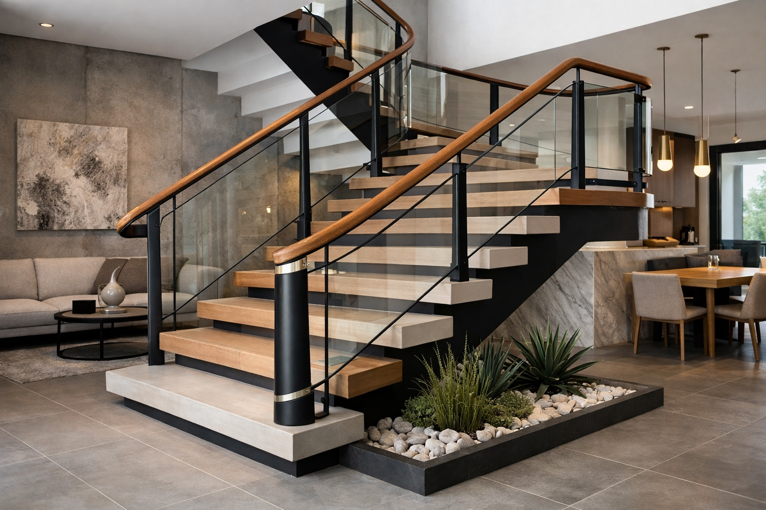 generate an image of a modern staircase with a beautifully designed handrail, incorporating minimalist and mixed material elements, set in a stylish, open-space home interior.
