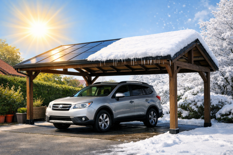 un véhicule sous un carport en région des Hauts-de-France, avec protection contre neige et soleil.