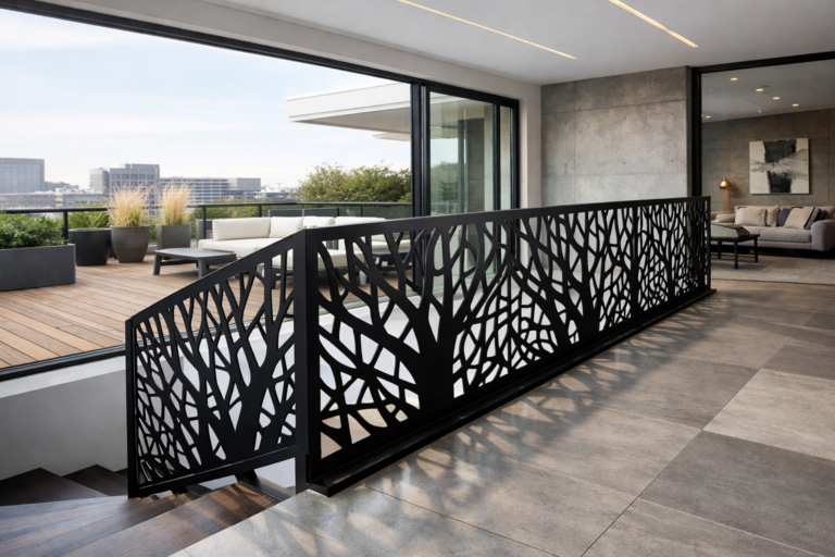 garde-corps moderne découpé au laser dans un cadre architectural contemporain