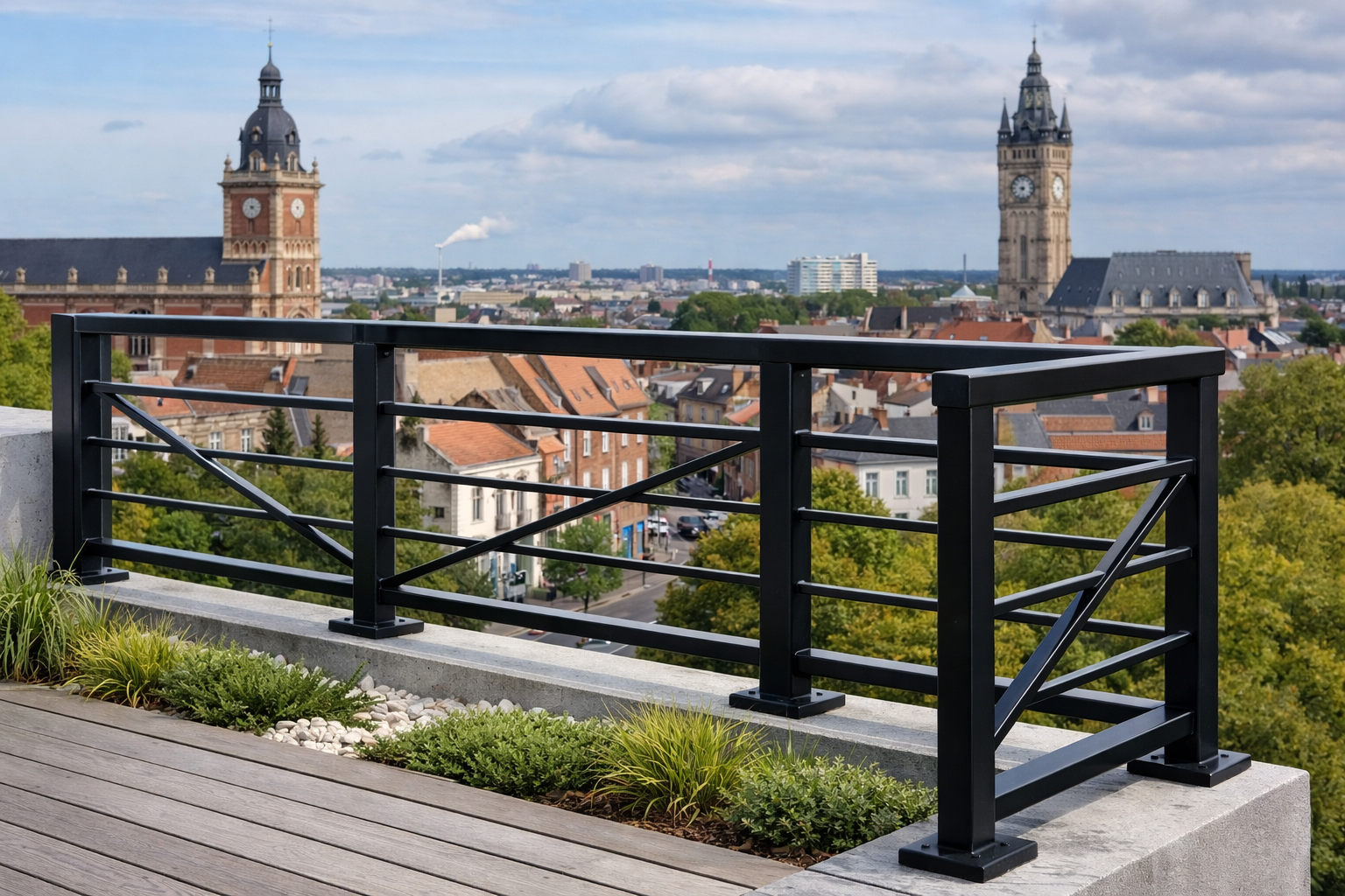 une image représentant un garde-corps en métal moderne et élégant en extérieur, intégrée dans un paysage urbain des Hauts-de-France