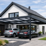 générez une image d'un carport adossé à une maison moderne, style contemporain, région Hauts-de-France