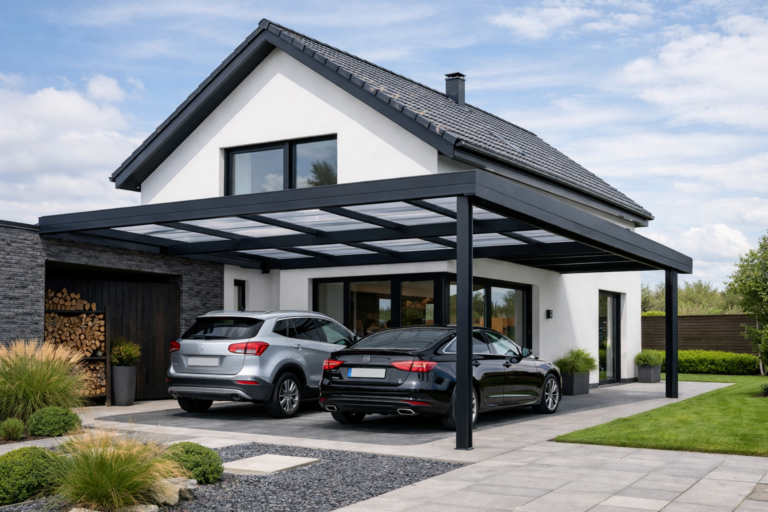 générez une image d'un carport adossé à une maison moderne, style contemporain, région Hauts-de-France