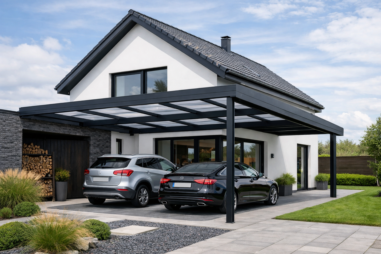 générez une image d'un carport adossé à une maison moderne, style contemporain, région Hauts-de-France