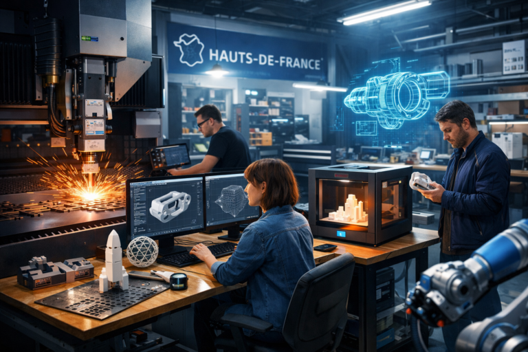 Create an image featuring a futuristic workshop with laser cutting and 3D modeling in action, set in a modern facility in Hauts-de-France.