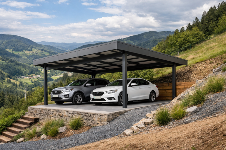un carport moderne installé sur un terrain en pente dans une région vallonnée