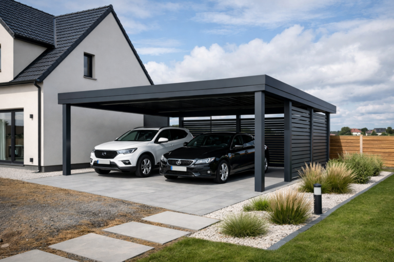 un carport moderne dans un projet de construction neuve en région Hauts-de-France, style contemporain et protection