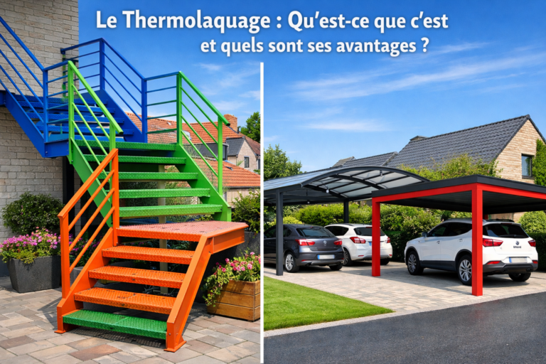 un thermolaquage avec des escaliers métalliques colorés et des carports modernes en Hauts-de-France