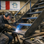 un artisan métallier travaillant sur un escalier métallique dans une atelier en Hauts-de-France