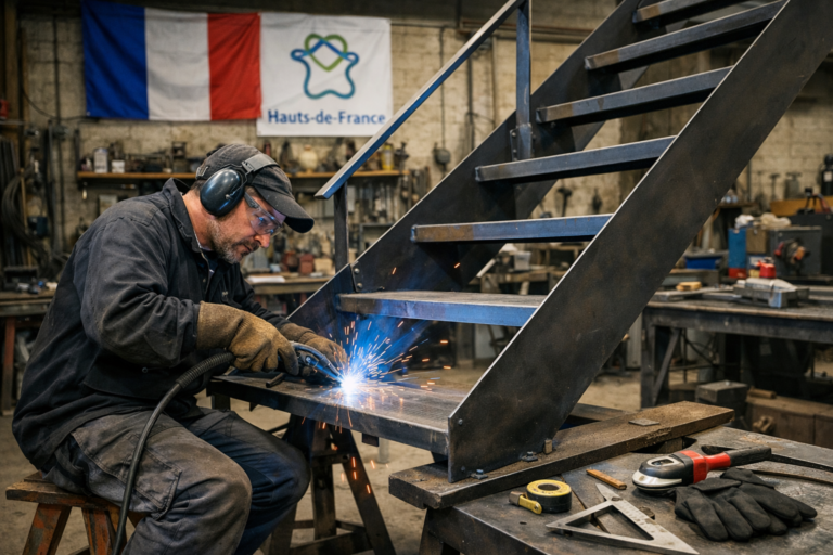 un artisan métallier travaillant sur un escalier métallique dans une atelier en Hauts-de-France