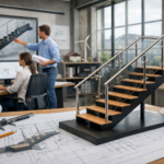 Conception d'un escalier moderne avec garde-corps, bureau d'études en arrière-plan, région Hauts-de-France.