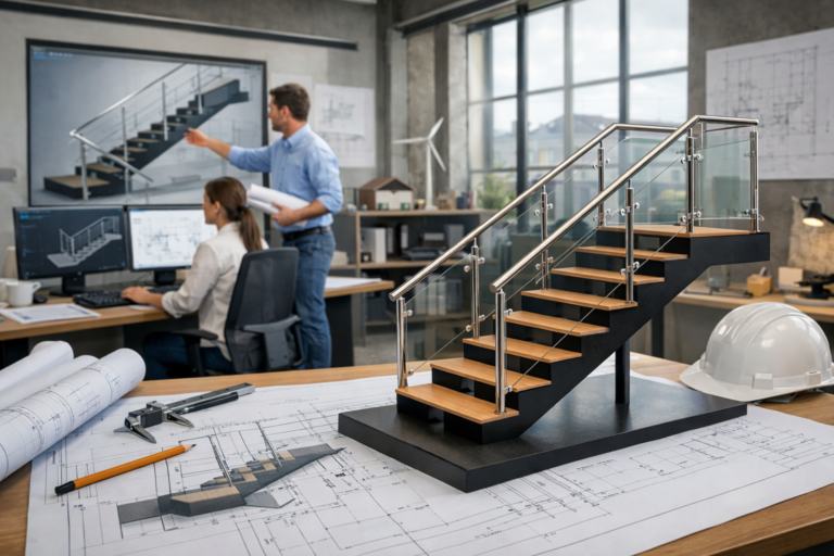 Conception d'un escalier moderne avec garde-corps, bureau d'études en arrière-plan, région Hauts-de-France.