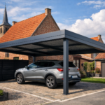 un carport en aluminium moderne intégré dans un environnement typique du Nord-Pas-de-Calais, en mettant en avant son design et sa solidité.