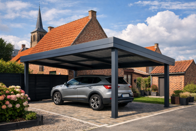 un carport en aluminium moderne intégré dans un environnement typique du Nord-Pas-de-Calais, en mettant en avant son design et sa solidité.