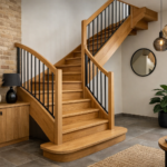 Un escalier 1/4 tournant élégant dans un intérieur moderne avec des matériaux durables, typique des Hauts-de-France