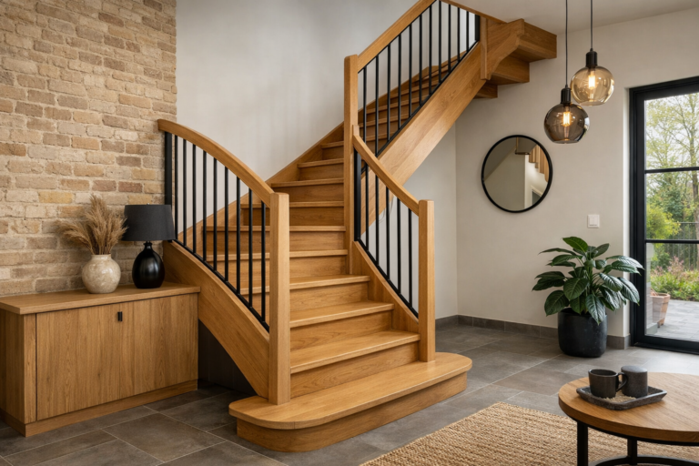 Un escalier 1/4 tournant élégant dans un intérieur moderne avec des matériaux durables, typique des Hauts-de-France