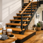 un escalier moderne en bois et métal, bien entretenu, dans une maison des Hauts-de-France