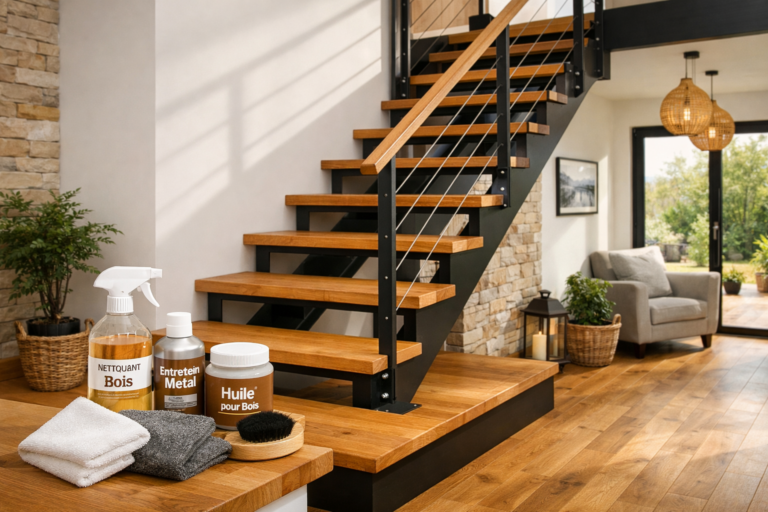 un escalier moderne en bois et métal, bien entretenu, dans une maison des Hauts-de-France