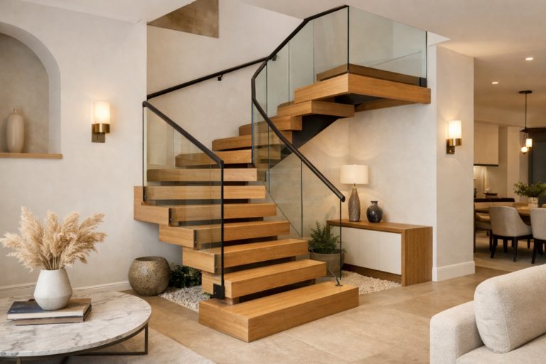 un escalier quart tournant moderne intégré dans un intérieur élégant