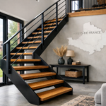 Un élégant escalier métallique avec marches en bois, entouré d'un intérieur moderne, dans la région Hauts-de-France.