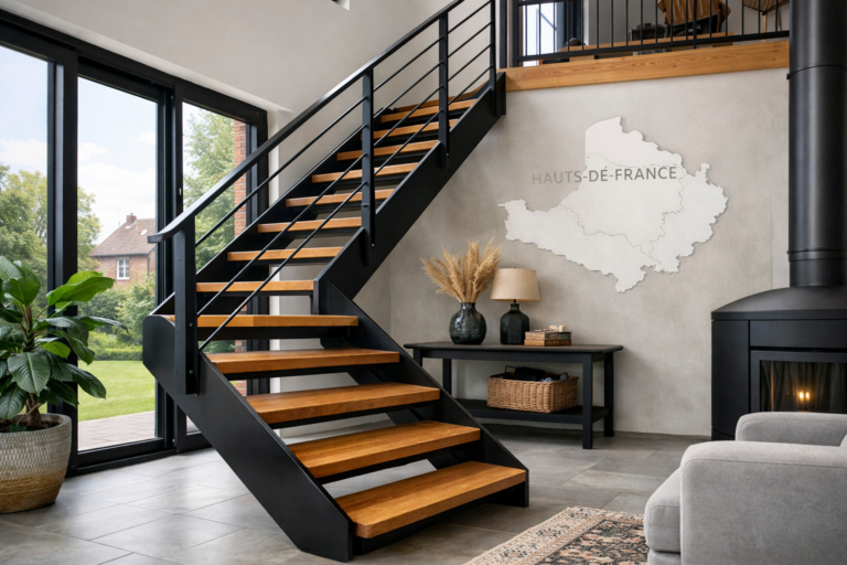 Un élégant escalier métallique avec marches en bois, entouré d'un intérieur moderne, dans la région Hauts-de-France.
