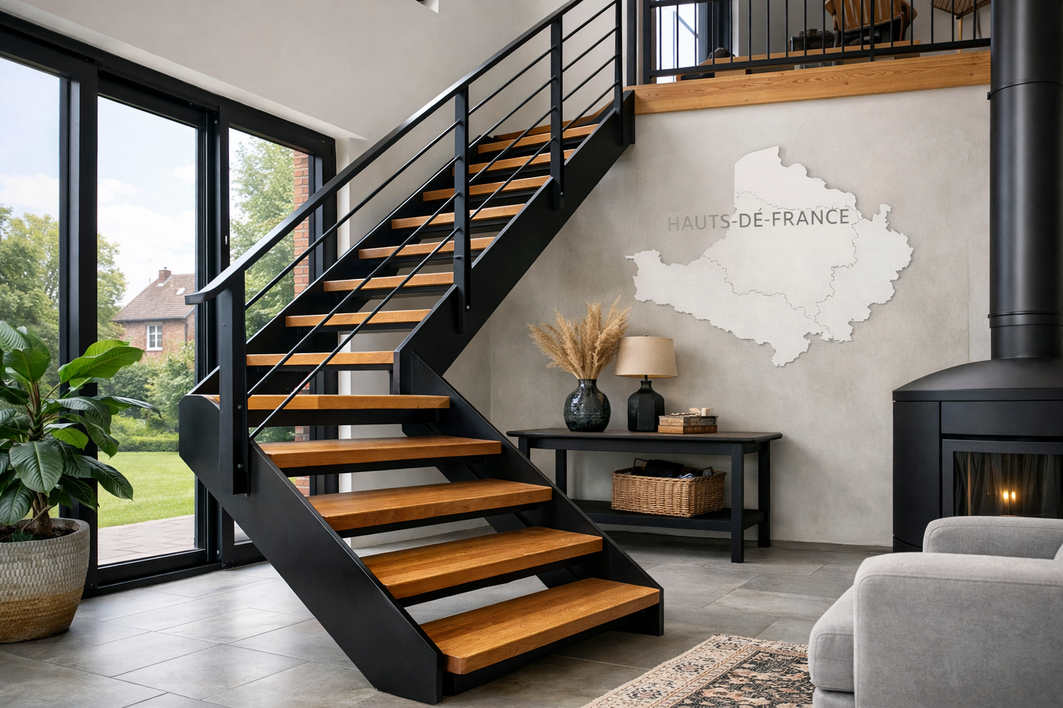 Un élégant escalier métallique avec marches en bois, entouré d'un intérieur moderne, dans la région Hauts-de-France.