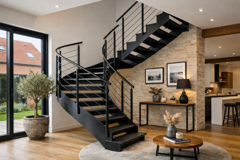 Un escalier quart tournant en métal dans un intérieur moderne, région Hauts-de-France.