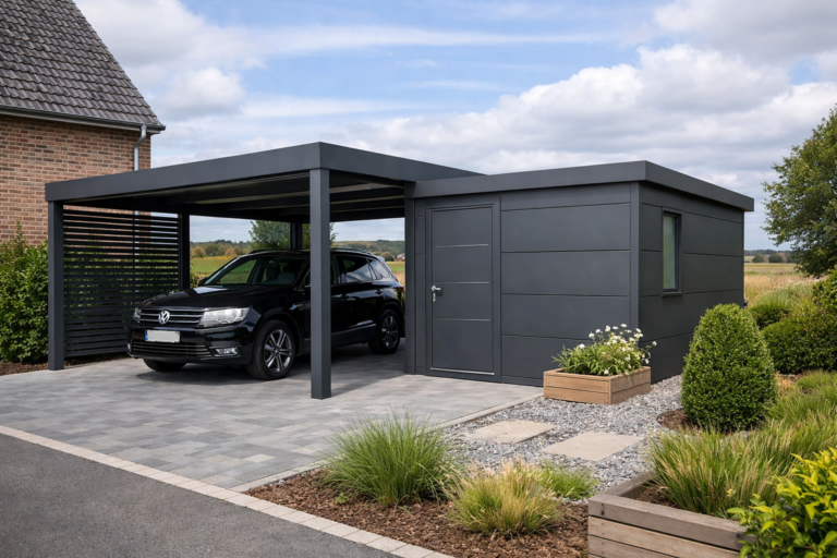 un carport intégrant un abri de jardin en aluminium, moderne, dans un cadre extérieur de Hauts-de-France