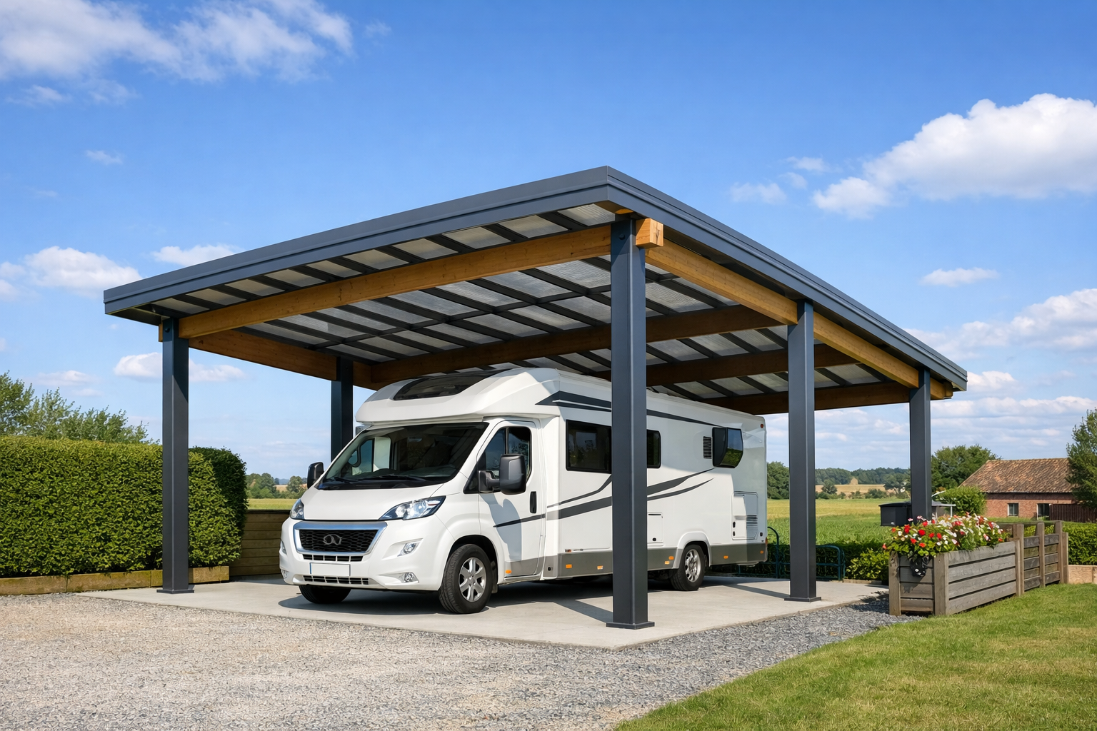 un carport pour camping-car moderne et spacieux sous un ciel dégagé, adapté aux Hauts-de-France.