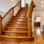 illustration d'un escalier en bois élégant après restauration, entouré d'un intérieur moderne et lumineux.