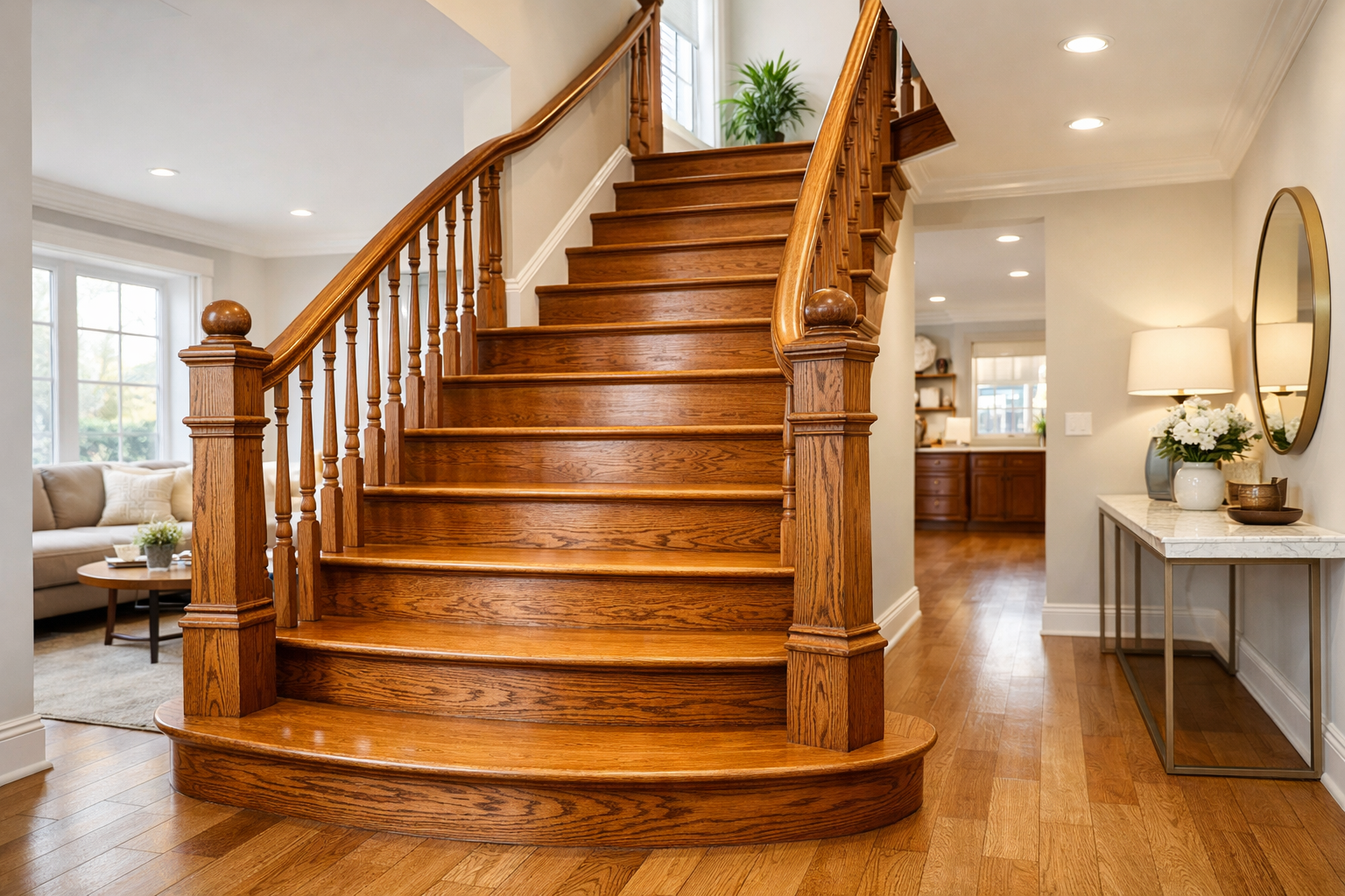 illustration d'un escalier en bois élégant après restauration, entouré d'un intérieur moderne et lumineux.
