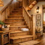 un escalier en bois brut joliment entretenu dans une maison chaleureuse
