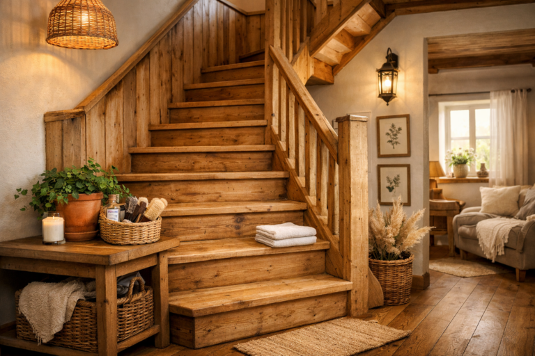 un escalier en bois brut joliment entretenu dans une maison chaleureuse