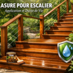 un escalier en bois moderne entouré de verdure, insistant sur la protection et l'esthétique offerte par la lasure
