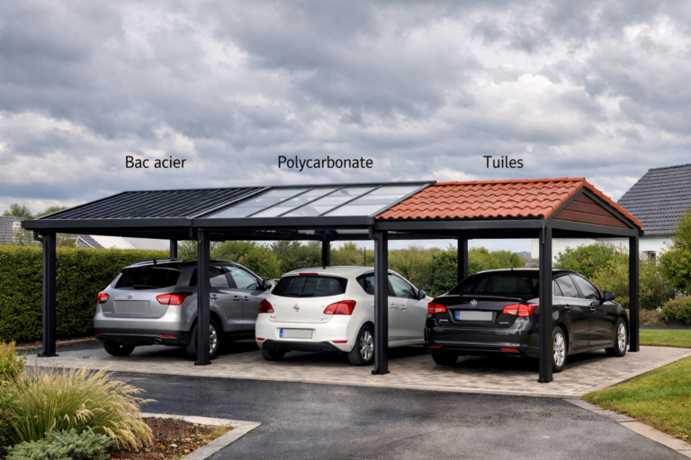Un carport moderne en Hauts-de-France avec différentes options de toitures comme le bac acier, le polycarbonate et les tuiles, sous un ciel nuageux typique de la région.