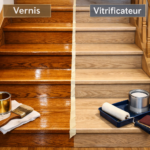 Un escalier en bois traité à moitié avec du vernis et à moitié avec un vitrificateur, mettant en valeur les différentes finitions possibles.