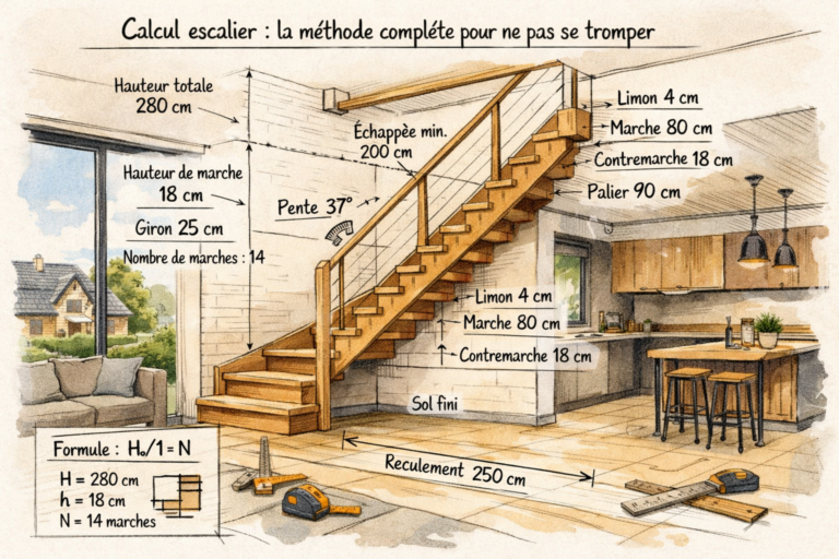 Un croquis détaillé de l'escalier idéal en construction, avec dimensionnement et intégration dans une maison moderne en Hauts-de-France.
