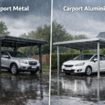 créer une image mettant en scène un carport en métal et un carport en aluminium dans un environnement de pluie typique des Hauts-de-France, avec des voitures garées dessous.